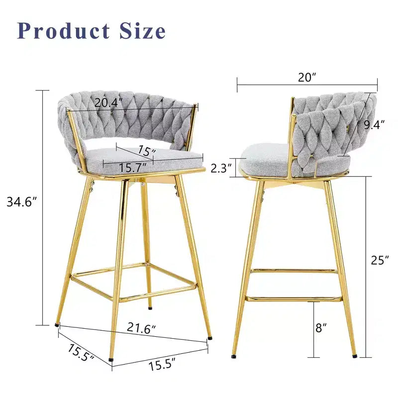Okak Modern Set of 2 Breathable Linen Padded Bar Stools with Footrest & Sturdy Metal Frame,Counter Height Swivel Chairs