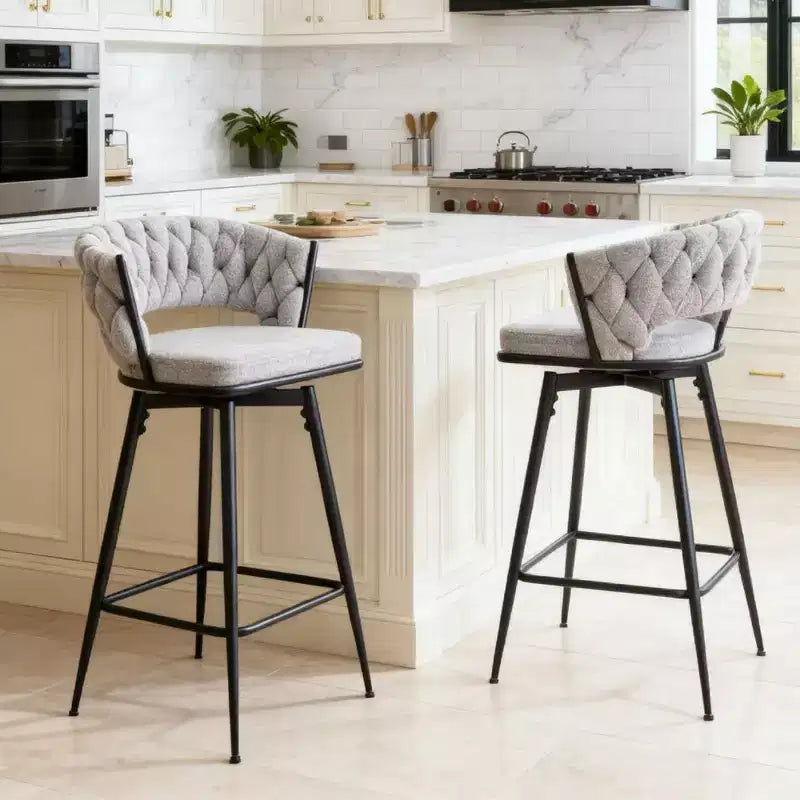 Okak Modern Set of 2 Breathable Linen Padded Bar Stools with Footrest & Sturdy Metal Frame,Counter Height Swivel Chairs