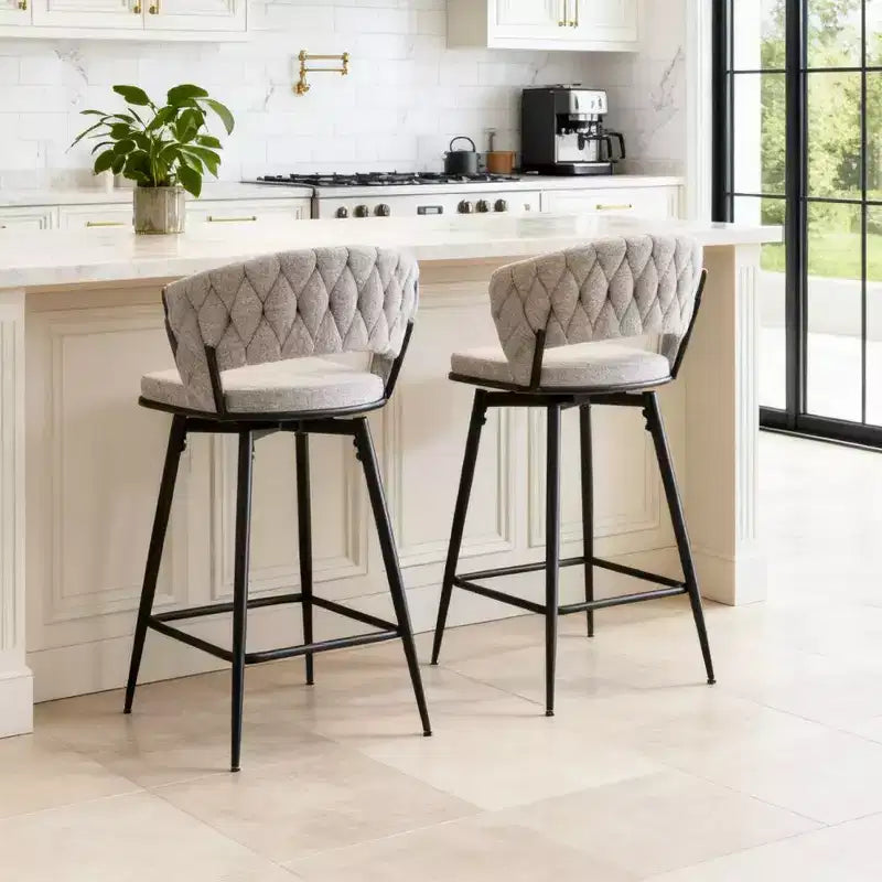 Okak Modern Set of 2 Breathable Linen Padded Bar Stools with Footrest & Sturdy Metal Frame,Counter Height Swivel Chairs