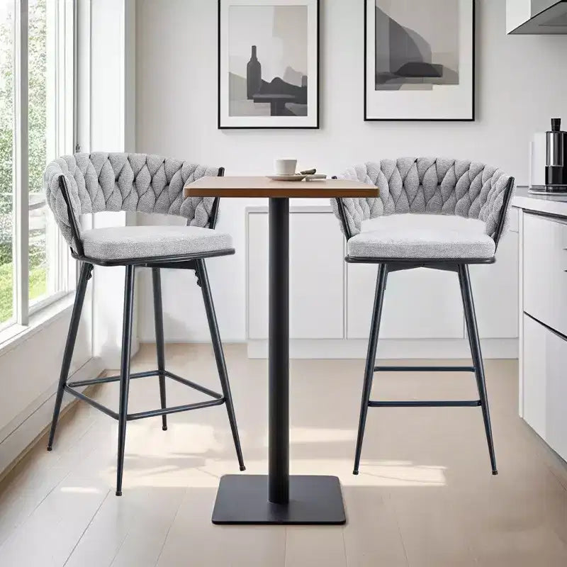 Okak Modern Set of 2 Breathable Linen Padded Bar Stools with Footrest & Sturdy Metal Frame,Counter Height Swivel Chairs