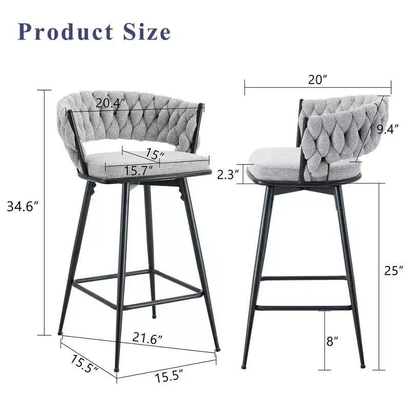 Okak Modern Set of 2 Breathable Linen Padded Bar Stools with Footrest & Sturdy Metal Frame,Counter Height Swivel Chairs