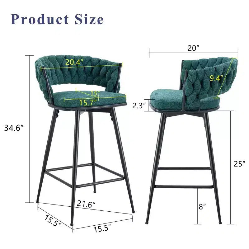 Okak Modern Set of 2 Breathable Linen Padded Bar Stools with Footrest & Sturdy Metal Frame,Counter Height Swivel Chairs