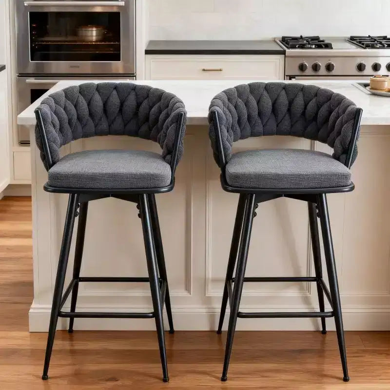 Okak Modern Set of 2 Breathable Linen Padded Bar Stools with Footrest & Sturdy Metal Frame,Counter Height Swivel Chairs