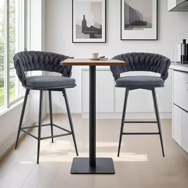 Okak Modern Set of 2 Breathable Linen Padded Bar Stools with Footrest & Sturdy Metal Frame,Counter Height Swivel Chairs