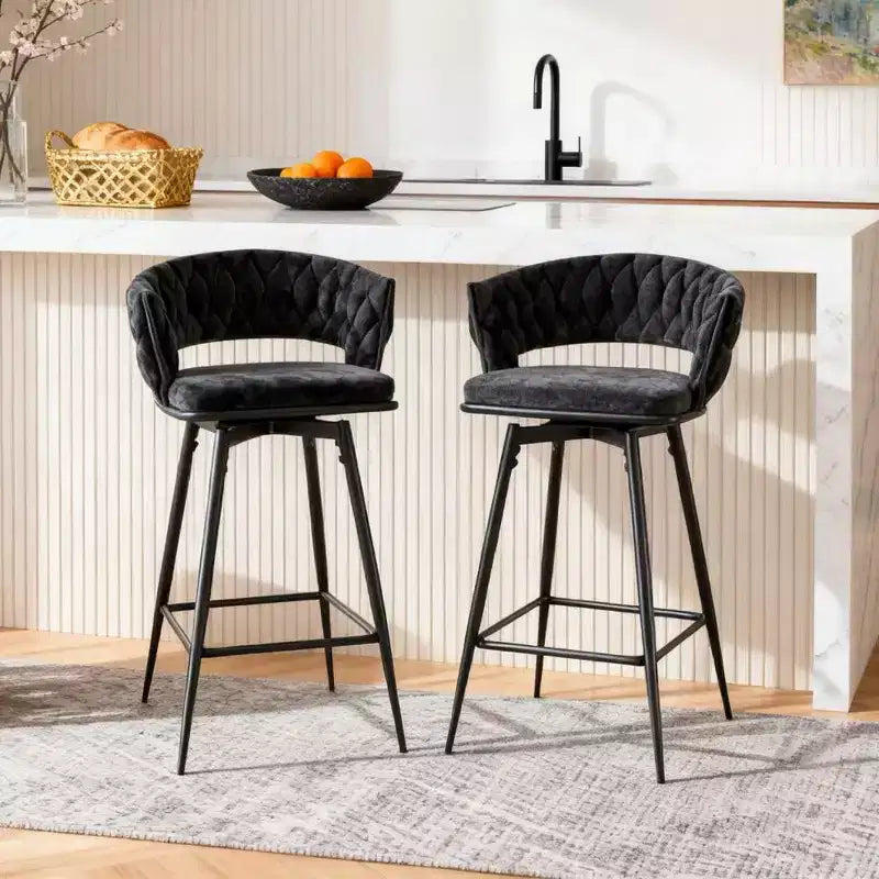 Okak Modern Set of 2 Breathable Linen Padded Bar Stools with Footrest & Sturdy Metal Frame,Counter Height Swivel Chairs