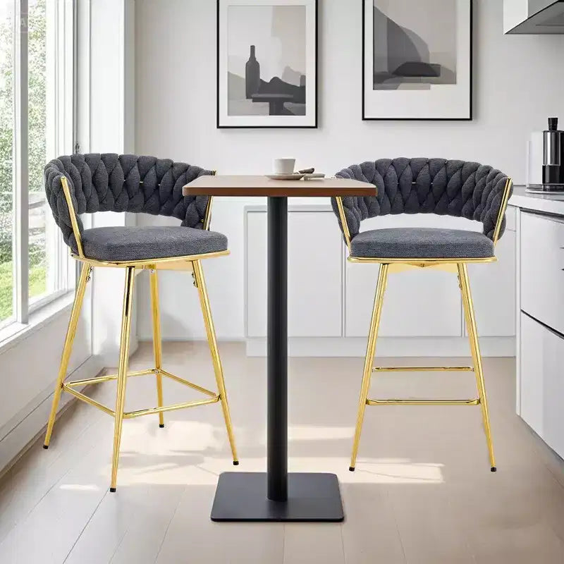 Okak Modern Set of 2 Breathable Linen Padded Bar Stools with Footrest & Sturdy Metal Frame,Counter Height Swivel Chairs