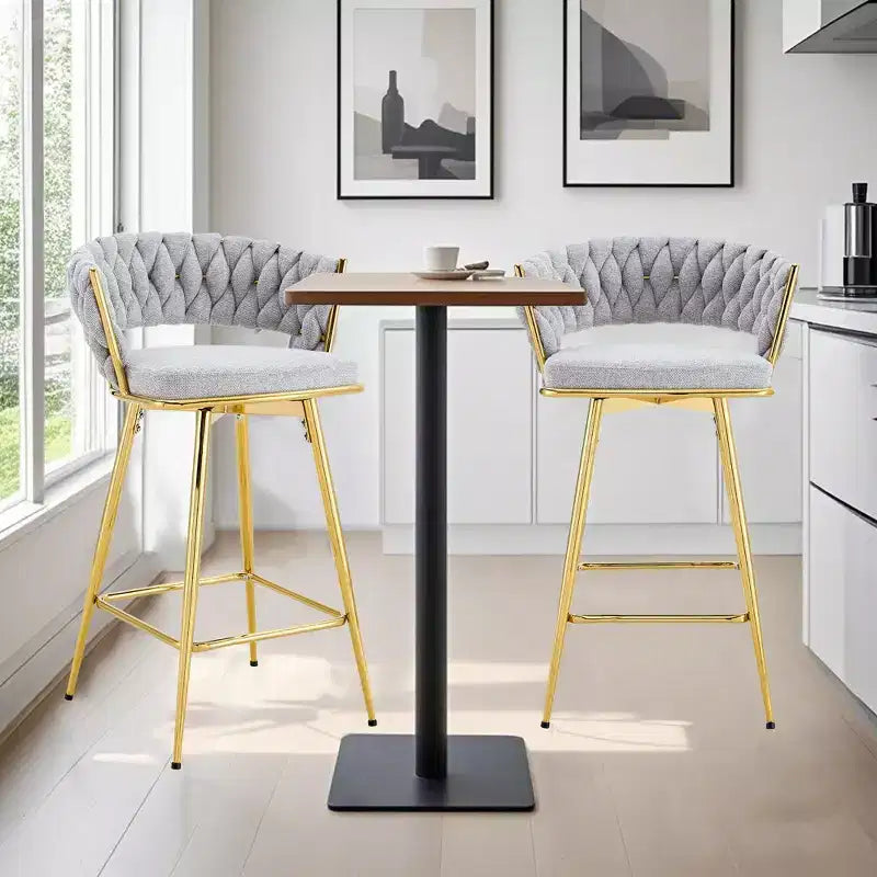 Okak Modern Set of 2 Breathable Linen Padded Bar Stools with Footrest & Sturdy Metal Frame,Counter Height Swivel Chairs