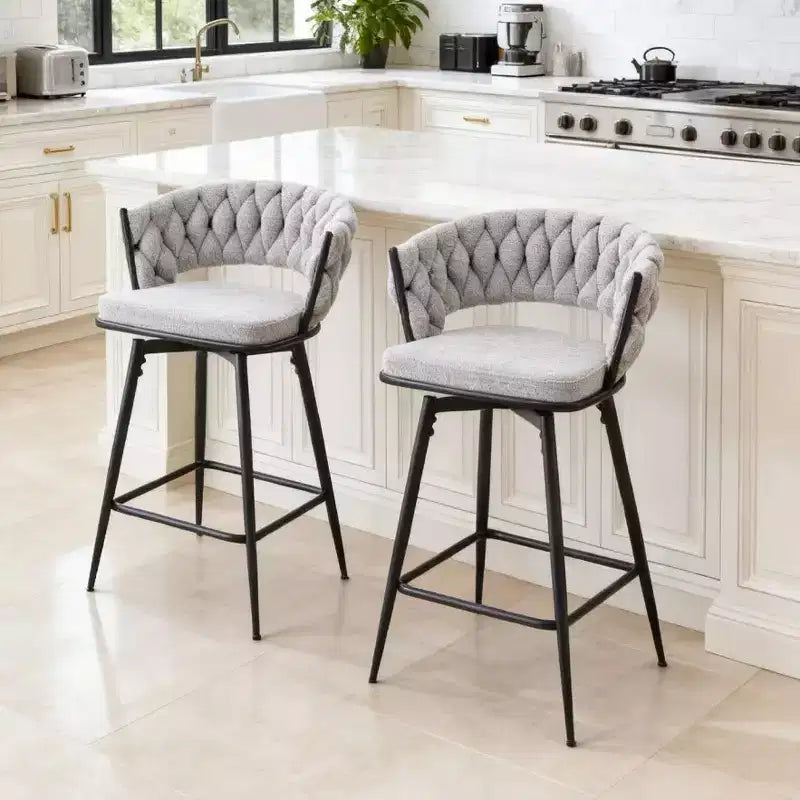Okak Modern Set of 2 Breathable Linen Padded Bar Stools with Footrest & Sturdy Metal Frame,Counter Height Swivel Chairs