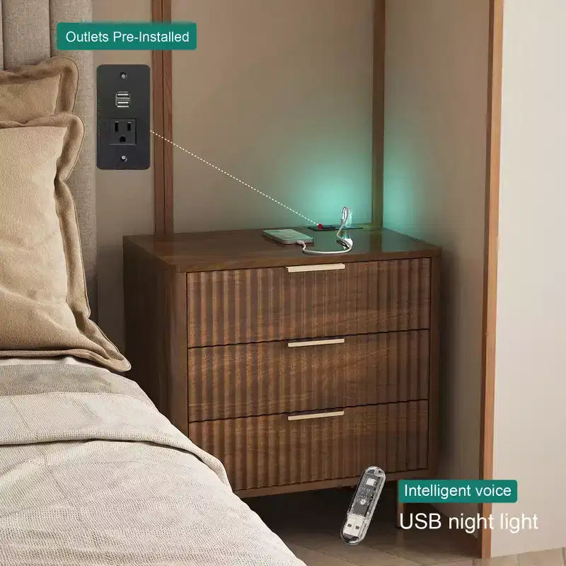 GDFStudio Silvia Modern Wooden 3-Drawer Nightstand with Night Light and Charging Station