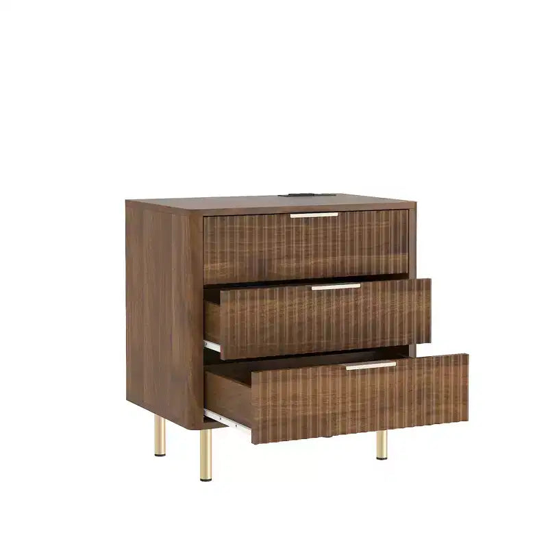 GDFStudio Silvia Modern Wooden 3-Drawer Nightstand with Night Light and Charging Station