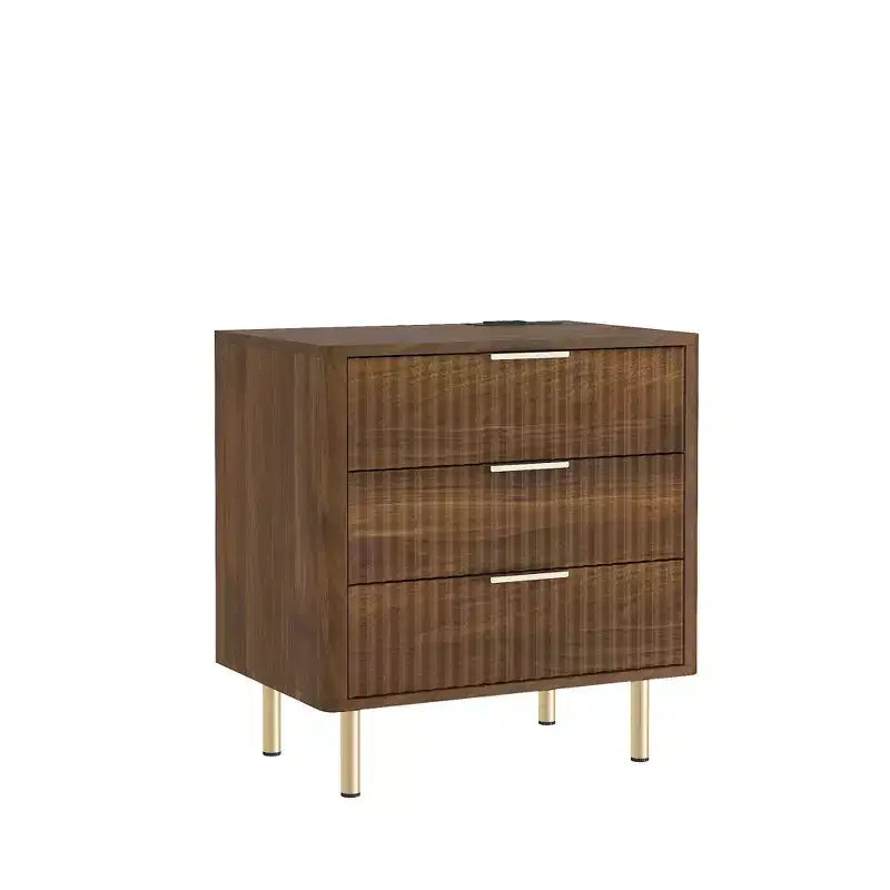 GDFStudio Silvia Modern Wooden 3-Drawer Nightstand with Night Light and Charging Station