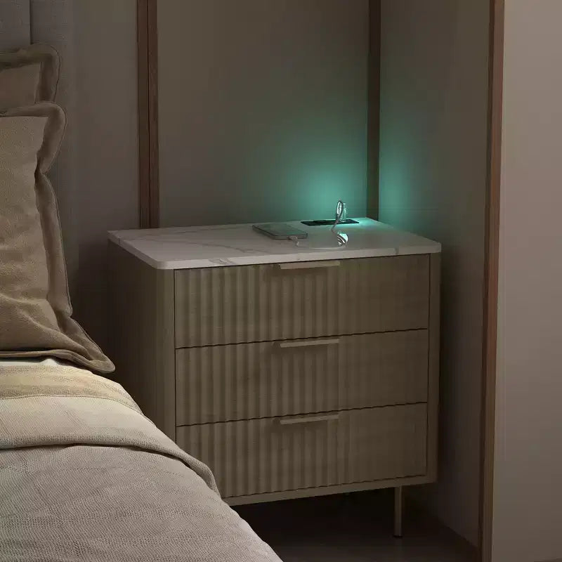 GDFStudio Silvia Modern Wooden 3-Drawer Nightstand with Night Light and Charging Station