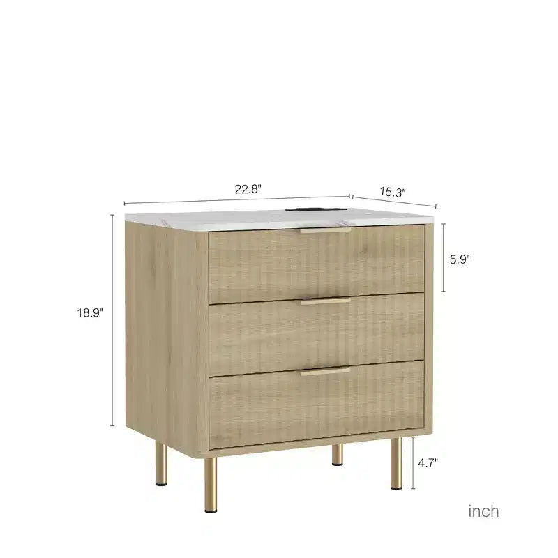 GDFStudio Silvia Modern Wooden 3-Drawer Nightstand with Night Light and Charging Station