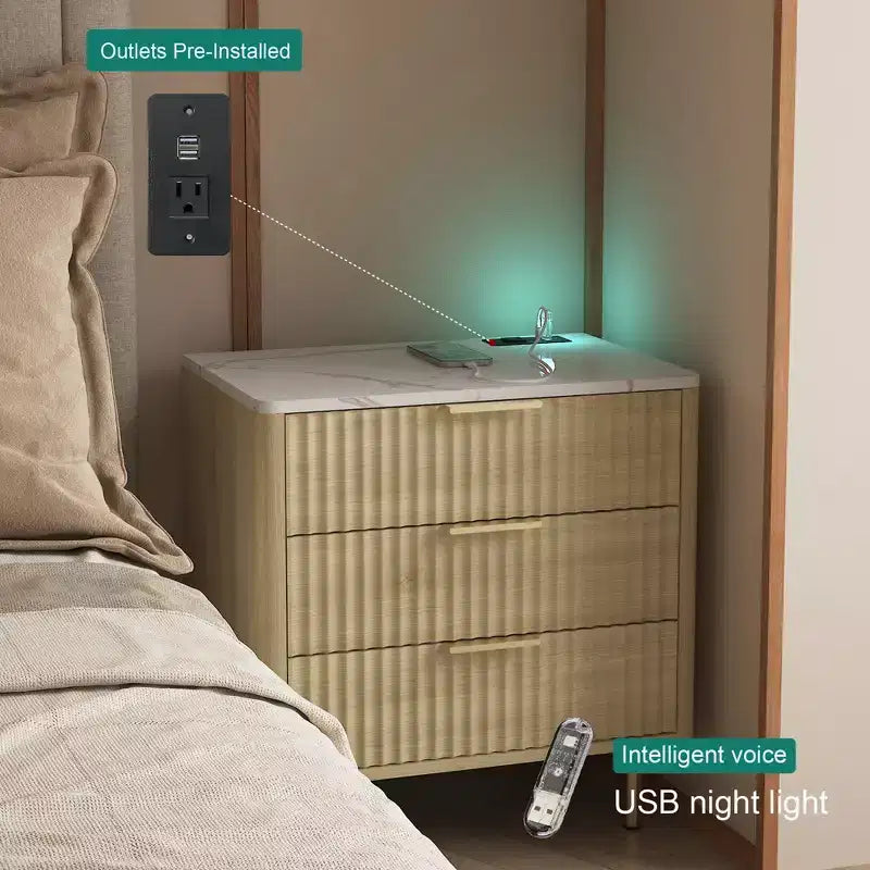 GDFStudio Silvia Modern Wooden 3-Drawer Nightstand with Night Light and Charging Station