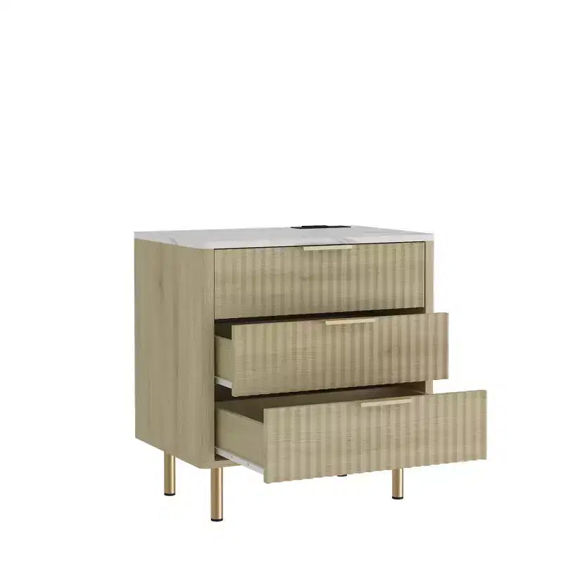 GDFStudio Silvia Modern Wooden 3-Drawer Nightstand with Night Light and Charging Station