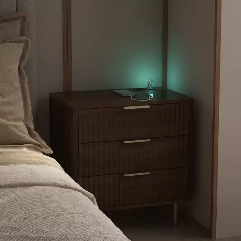 GDFStudio Silvia Modern Wooden 3-Drawer Nightstand with Night Light and Charging Station
