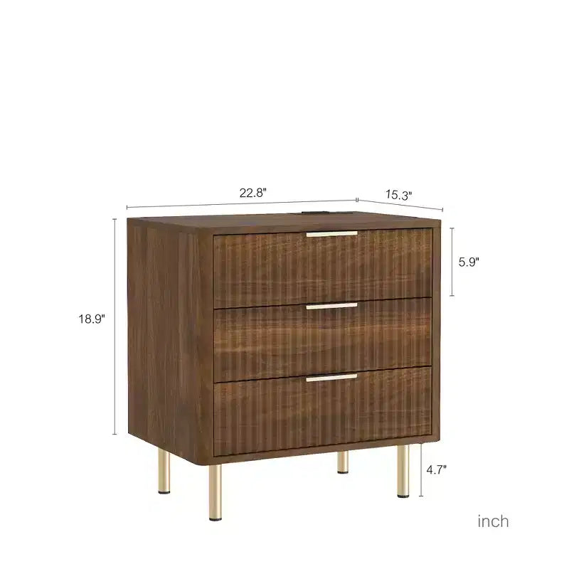 GDFStudio Silvia Modern Wooden 3-Drawer Nightstand with Night Light and Charging Station