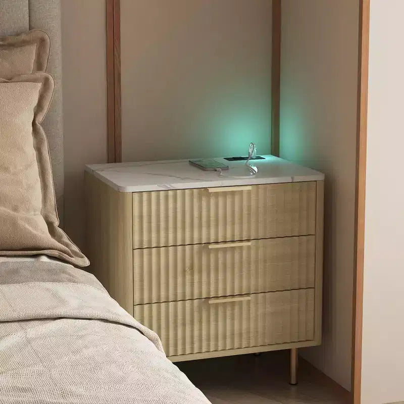 GDFStudio Silvia Modern Wooden 3-Drawer Nightstand with Night Light and Charging Station