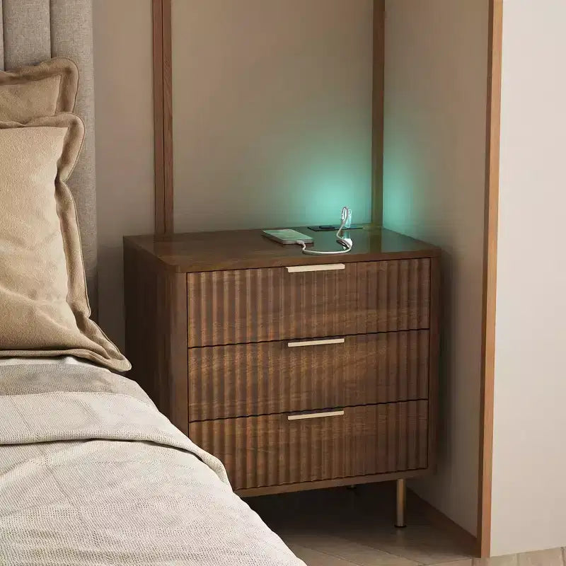 GDFStudio Silvia Modern Wooden 3-Drawer Nightstand with Night Light and Charging Station