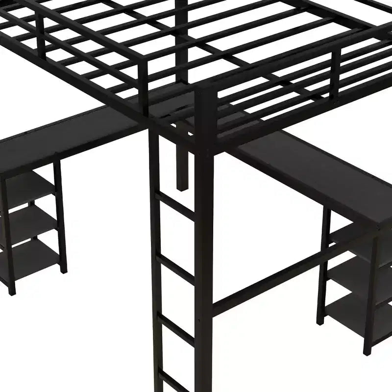Bellemave Full & Full XL Metal Loft Beds with Desk, Bookshelf & Shelves, L-Shaped Space-Saving Bed Frame with Ladder & Guardrails, Black