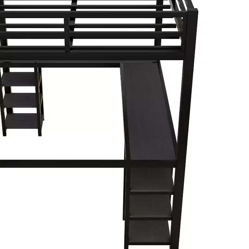 Bellemave Full & Full XL Metal Loft Beds with Desk, Bookshelf & Shelves, L-Shaped Space-Saving Bed Frame with Ladder & Guardrails, Black