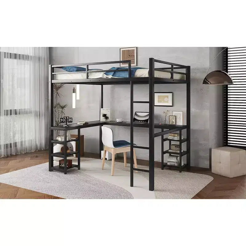 Bellemave Full & Full XL Metal Loft Beds with Desk, Bookshelf & Shelves, L-Shaped Space-Saving Bed Frame with Ladder & Guardrails, Black