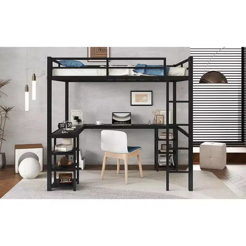 Bellemave Full & Full XL Metal Loft Beds with Desk, Bookshelf & Shelves, L-Shaped Space-Saving Bed Frame with Ladder & Guardrails, Black