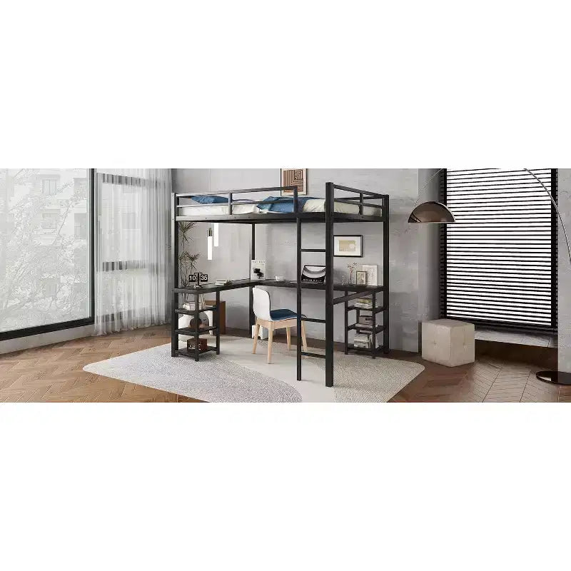 Bellemave Full & Full XL Metal Loft Beds with Desk, Bookshelf & Shelves, L-Shaped Space-Saving Bed Frame with Ladder & Guardrails, Black