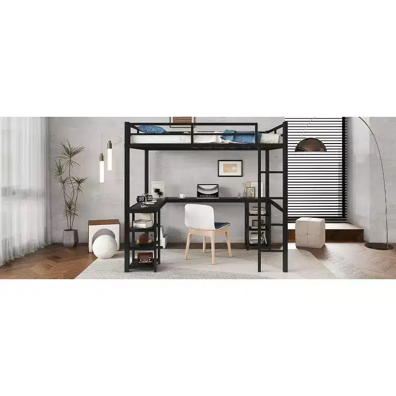 Bellemave Full & Full XL Metal Loft Beds with Desk, Bookshelf & Shelves, L-Shaped Space-Saving Bed Frame with Ladder & Guardrails, Black