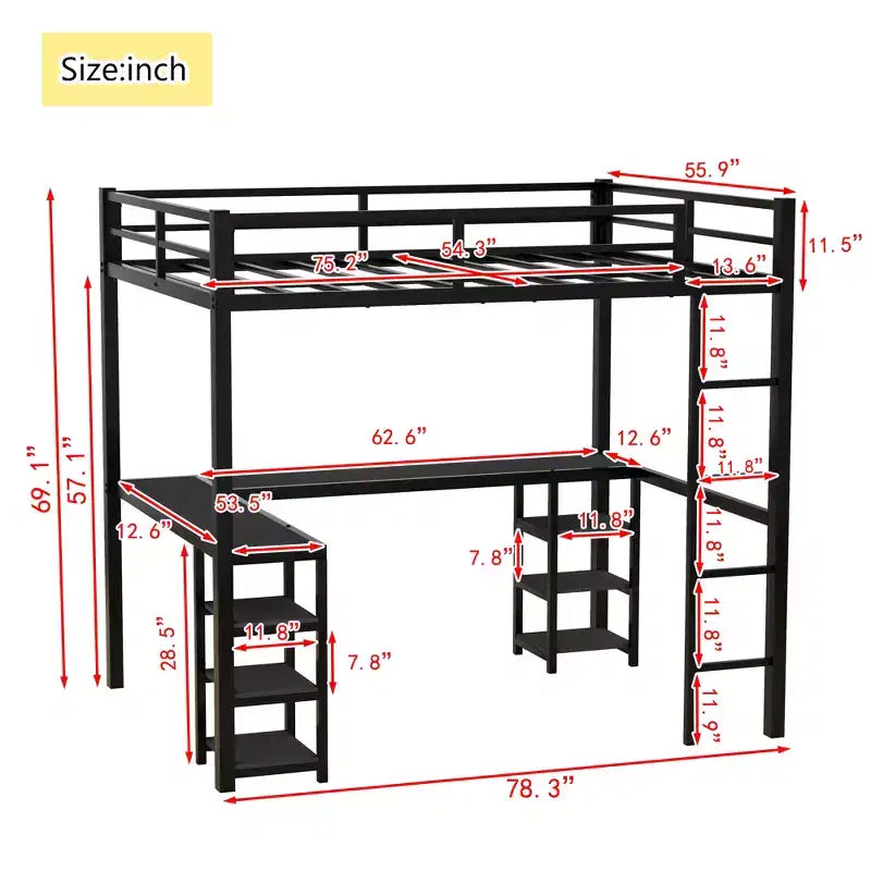 Bellemave Full & Full XL Metal Loft Beds with Desk, Bookshelf & Shelves, L-Shaped Space-Saving Bed Frame with Ladder & Guardrails, Black