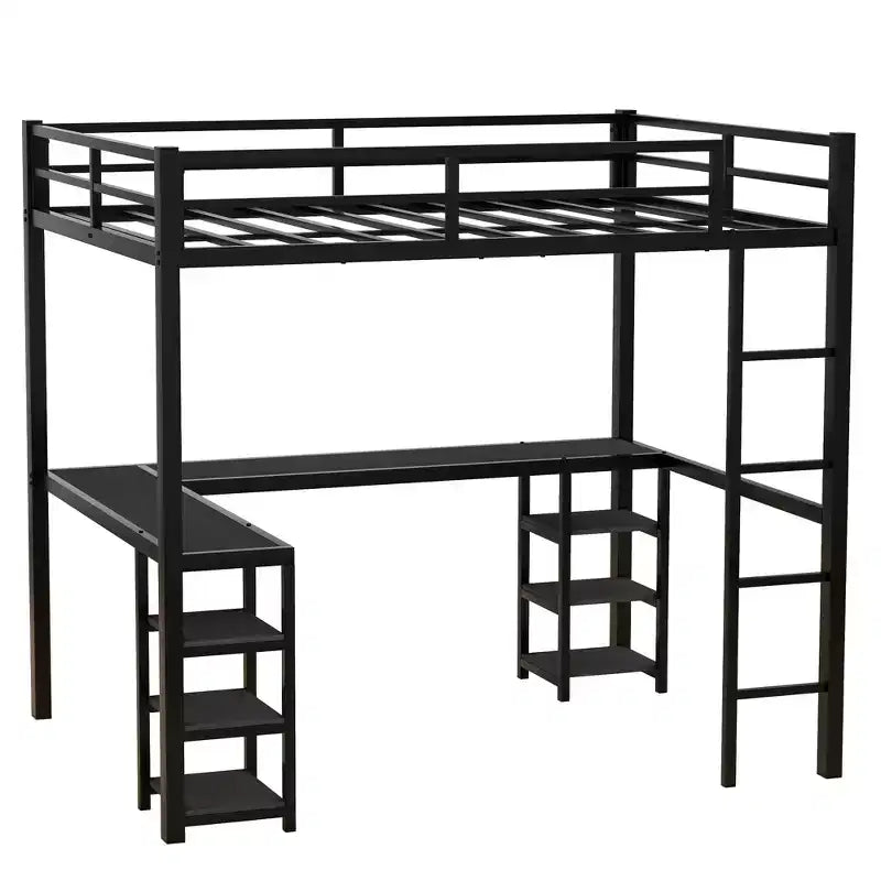 Bellemave Full & Full XL Metal Loft Beds with Desk, Bookshelf & Shelves, L-Shaped Space-Saving Bed Frame with Ladder & Guardrails, Black