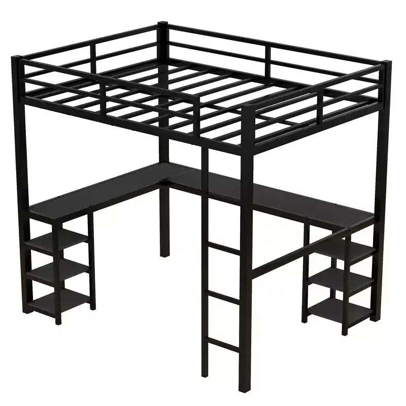 Bellemave Full & Full XL Metal Loft Beds with Desk, Bookshelf & Shelves, L-Shaped Space-Saving Bed Frame with Ladder & Guardrails, Black