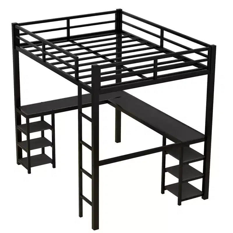Bellemave Full & Full XL Metal Loft Beds with Desk, Bookshelf & Shelves, L-Shaped Space-Saving Bed Frame with Ladder & Guardrails, Black