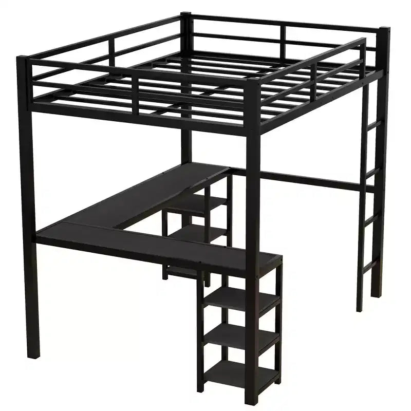 Bellemave Full & Full XL Metal Loft Beds with Desk, Bookshelf & Shelves, L-Shaped Space-Saving Bed Frame with Ladder & Guardrails, Black