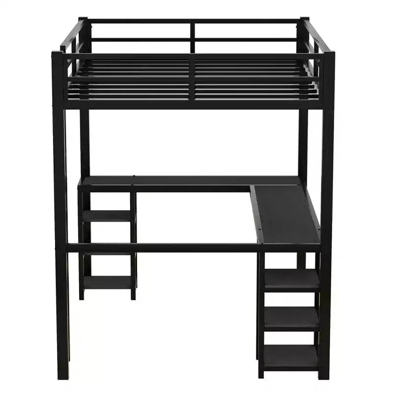 Bellemave Full & Full XL Metal Loft Beds with Desk, Bookshelf & Shelves, L-Shaped Space-Saving Bed Frame with Ladder & Guardrails, Black