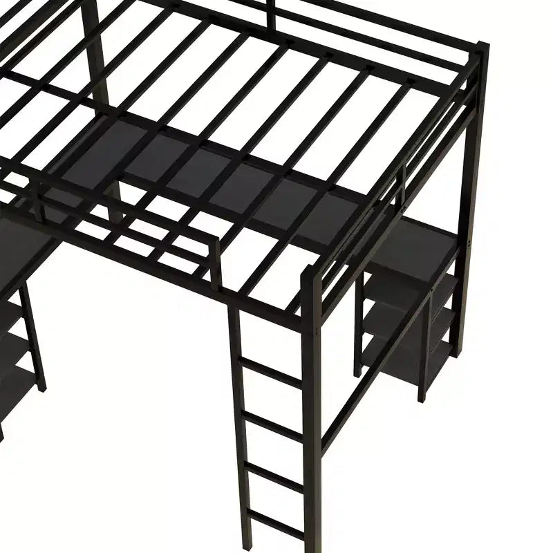Bellemave Full & Full XL Metal Loft Beds with Desk, Bookshelf & Shelves, L-Shaped Space-Saving Bed Frame with Ladder & Guardrails, Black