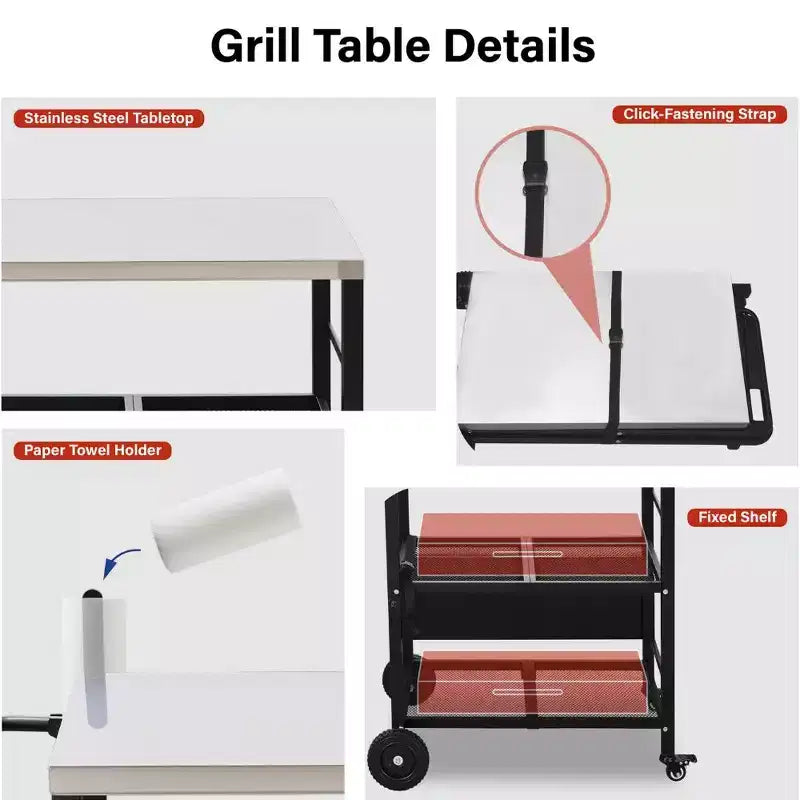 Karl Home 4-Wheel Foldable BBQ Cart Grill Station with Stainless Steel Top and Foldable Shelf