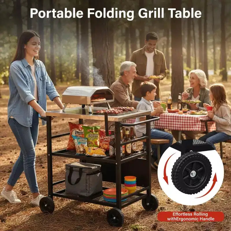 Karl Home 4-Wheel Foldable BBQ Cart Grill Station with Stainless Steel Top and Foldable Shelf