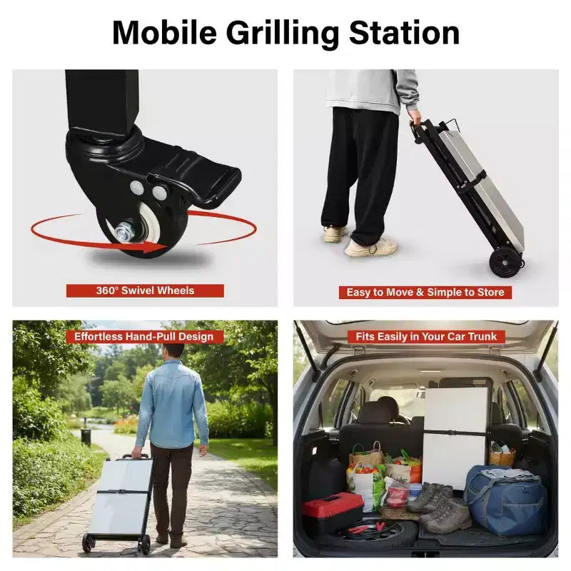 Karl Home 4-Wheel Foldable BBQ Cart Grill Station with Stainless Steel Top and Foldable Shelf