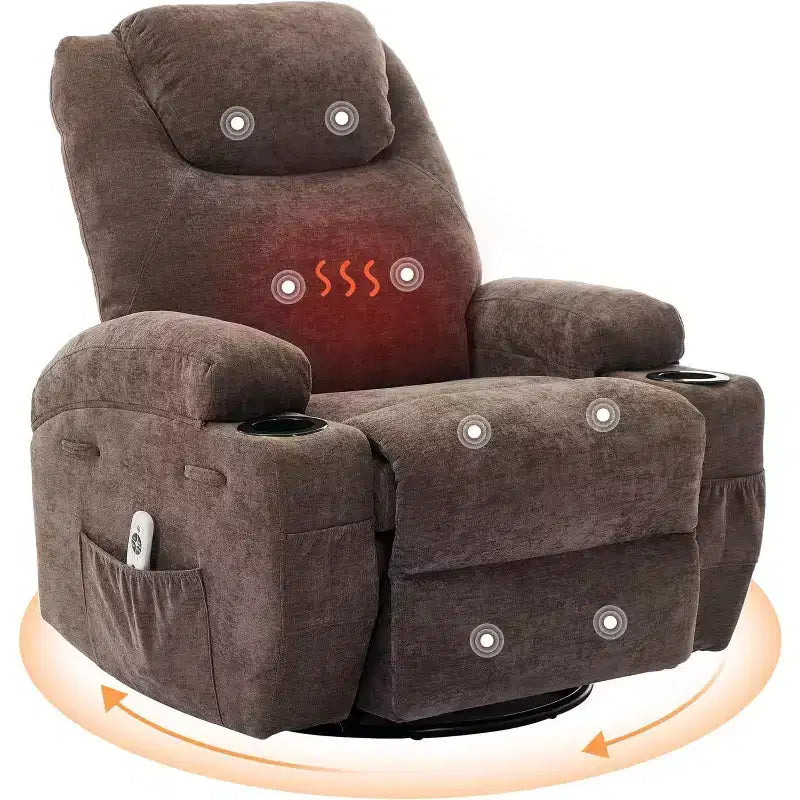 360 Swivel Rocker Recliner Chair w/Massage & Heat, 300Lb Capacity, Pine Frame, Soft Fabric, 35.4d x 39w x 41.3h