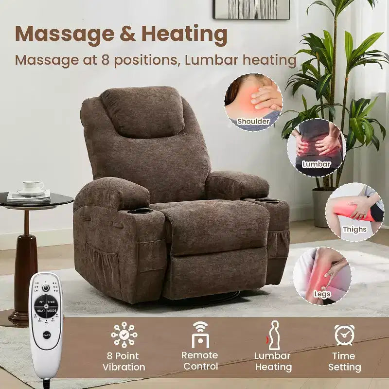 360 Swivel Rocker Recliner Chair w/Massage & Heat, 300Lb Capacity, Pine Frame, Soft Fabric, 35.4d x 39w x 41.3h