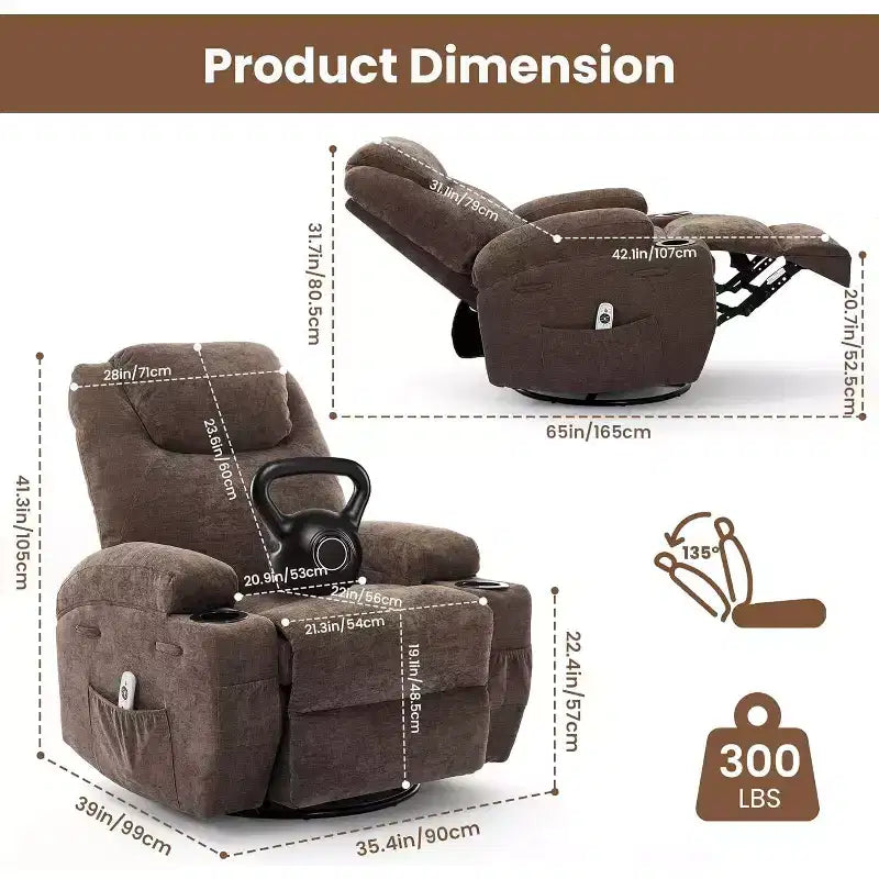 360 Swivel Rocker Recliner Chair w/Massage & Heat, 300Lb Capacity, Pine Frame, Soft Fabric, 35.4d x 39w x 41.3h