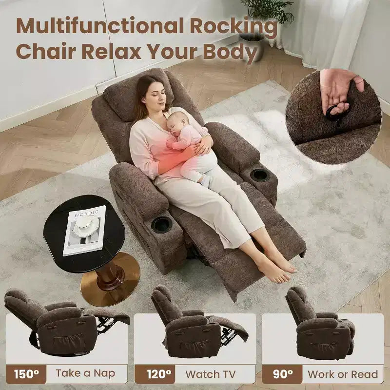 360 Swivel Rocker Recliner Chair w/Massage & Heat, 300Lb Capacity, Pine Frame, Soft Fabric, 35.4d x 39w x 41.3h