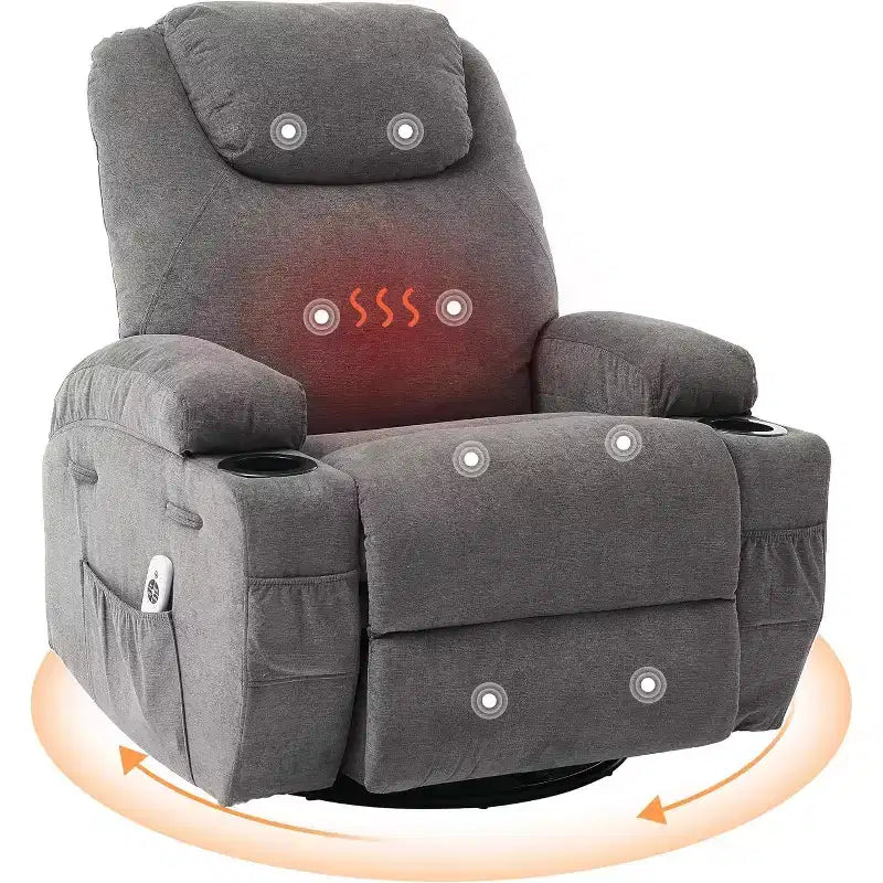 360 Swivel Rocker Recliner Chair w/Massage & Heat, 300Lb Capacity, Pine Frame, Soft Fabric, 35.4d x 39w x 41.3h