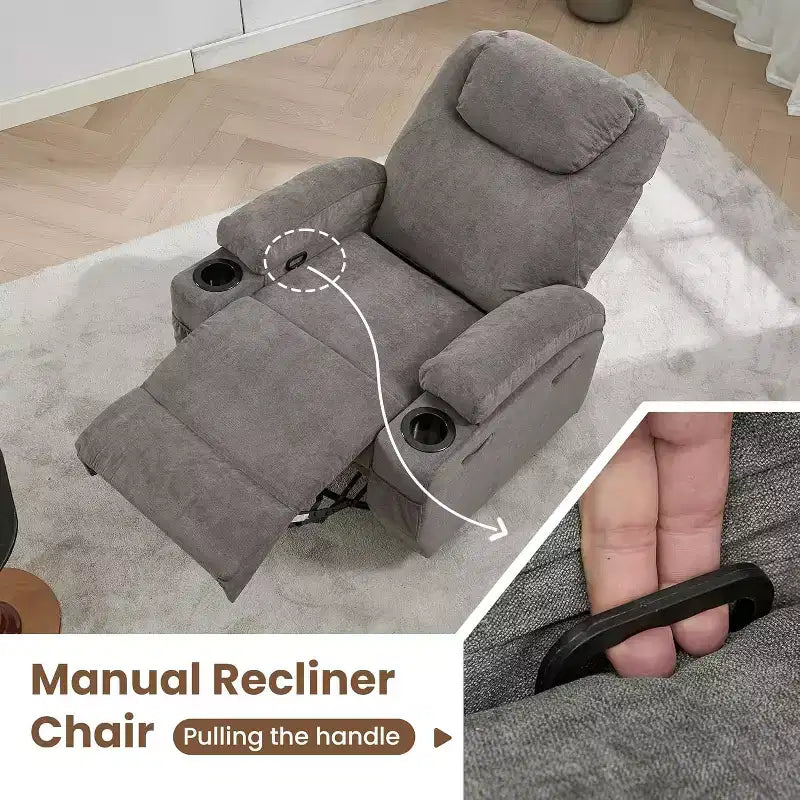 360 Swivel Rocker Recliner Chair w/Massage & Heat, 300Lb Capacity, Pine Frame, Soft Fabric, 35.4d x 39w x 41.3h