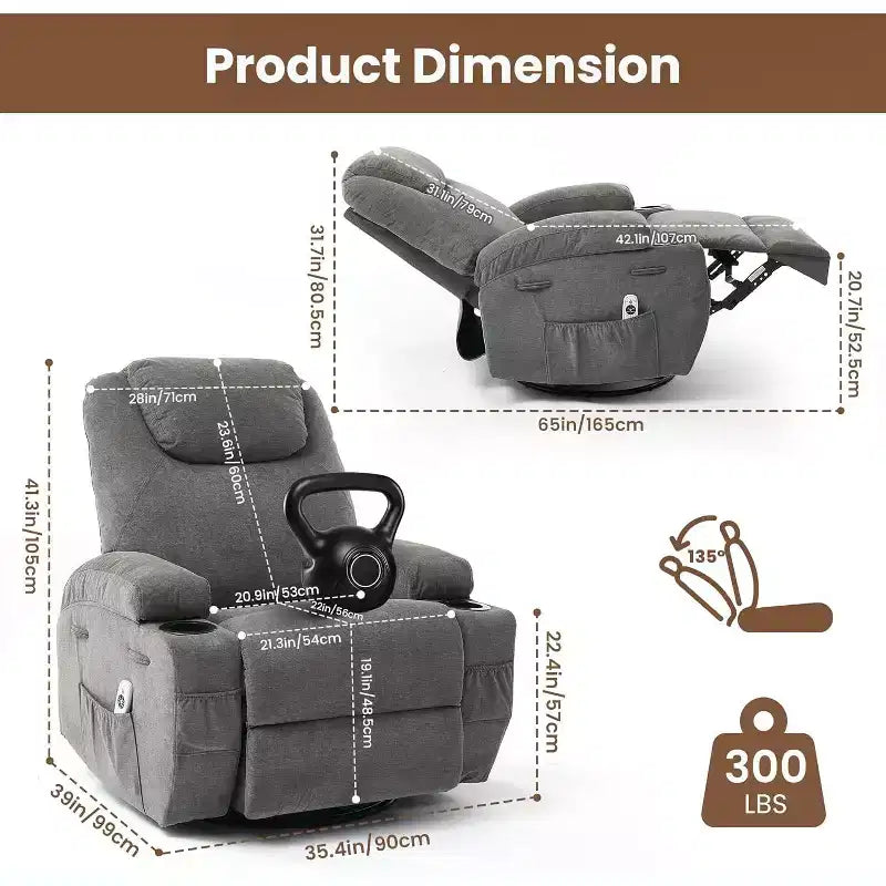 360 Swivel Rocker Recliner Chair w/Massage & Heat, 300Lb Capacity, Pine Frame, Soft Fabric, 35.4d x 39w x 41.3h