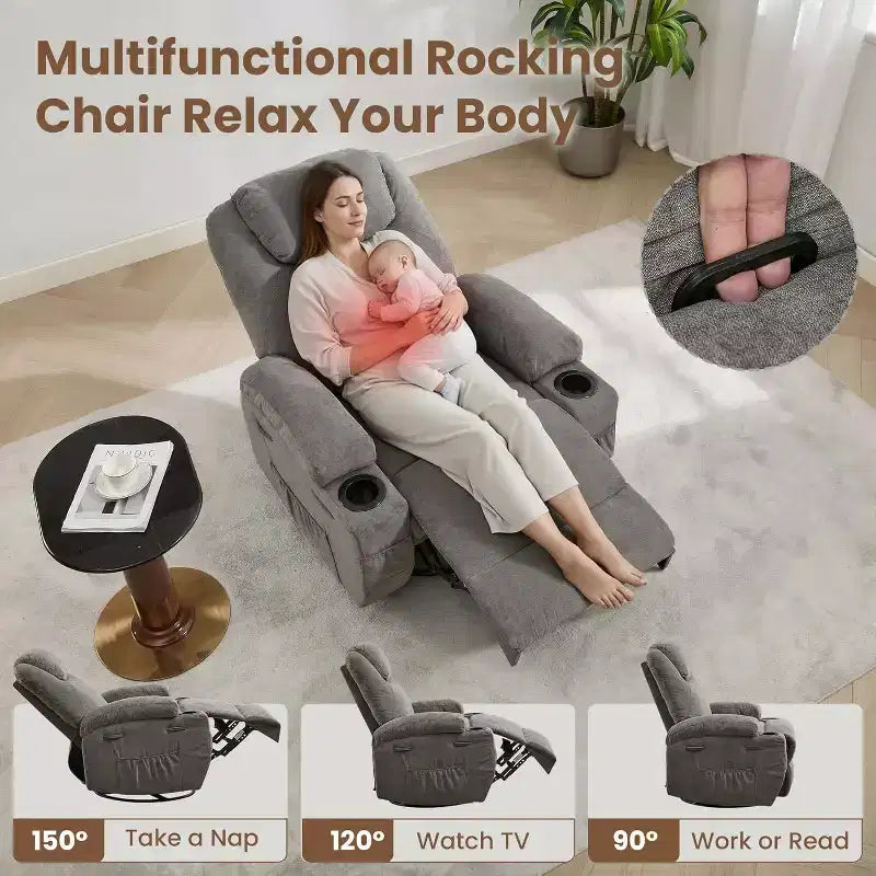 360 Swivel Rocker Recliner Chair w/Massage & Heat, 300Lb Capacity, Pine Frame, Soft Fabric, 35.4d x 39w x 41.3h