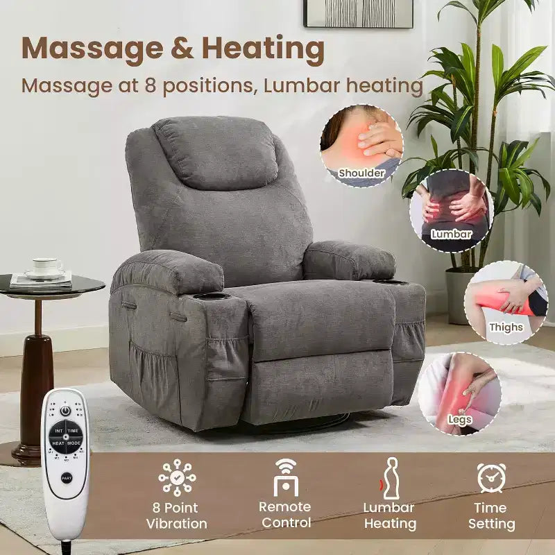 360 Swivel Rocker Recliner Chair w/Massage & Heat, 300Lb Capacity, Pine Frame, Soft Fabric, 35.4d x 39w x 41.3h
