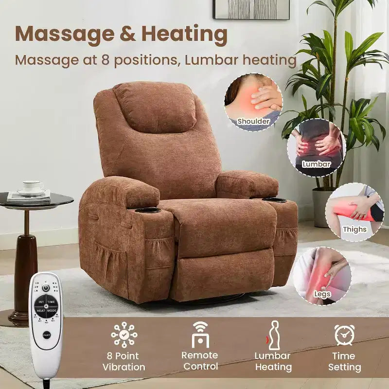 360 Swivel Rocker Recliner Chair w/Massage & Heat, 300Lb Capacity, Pine Frame, Soft Fabric, 35.4d x 39w x 41.3h