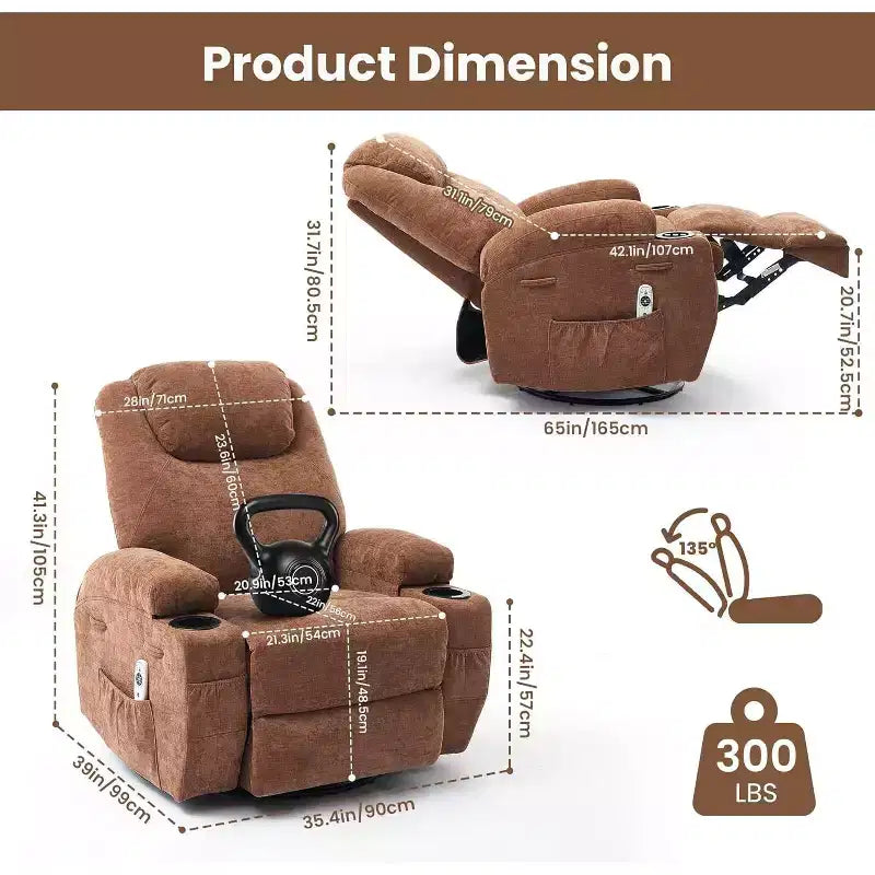 360 Swivel Rocker Recliner Chair w/Massage & Heat, 300Lb Capacity, Pine Frame, Soft Fabric, 35.4d x 39w x 41.3h